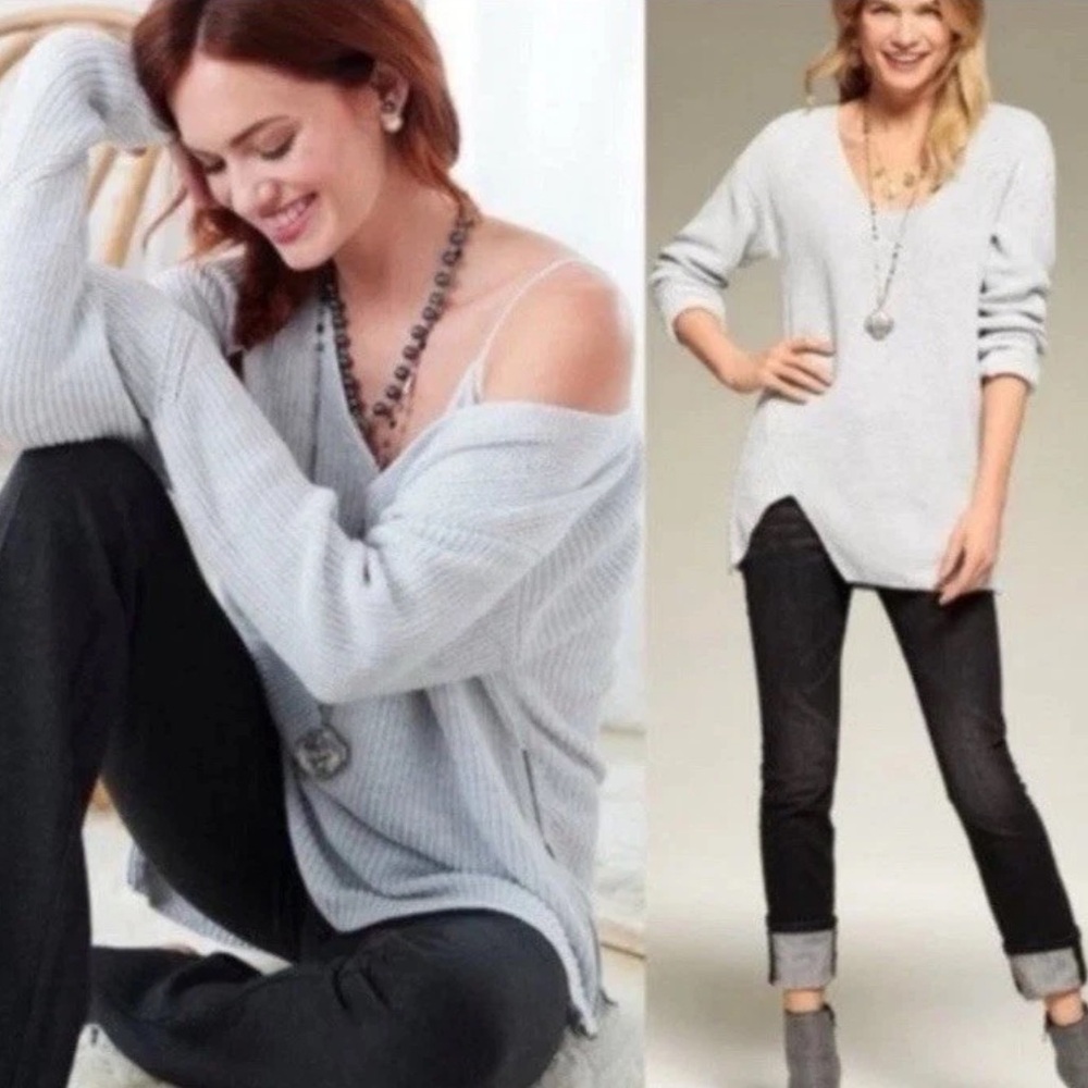 CAbi #3531 Light Gray Deep V Pullover Sweater Size XS